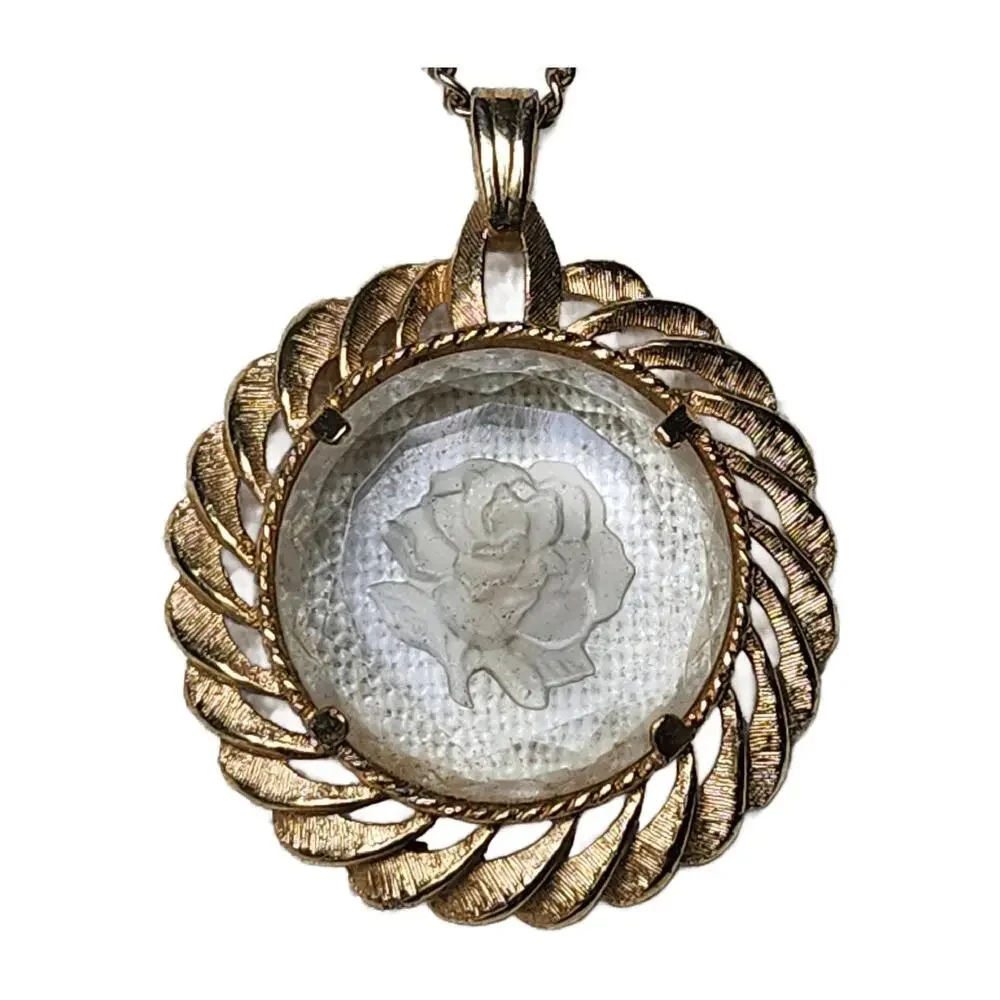 Vintage Reverse Intaglio Rose Pendant Necklace